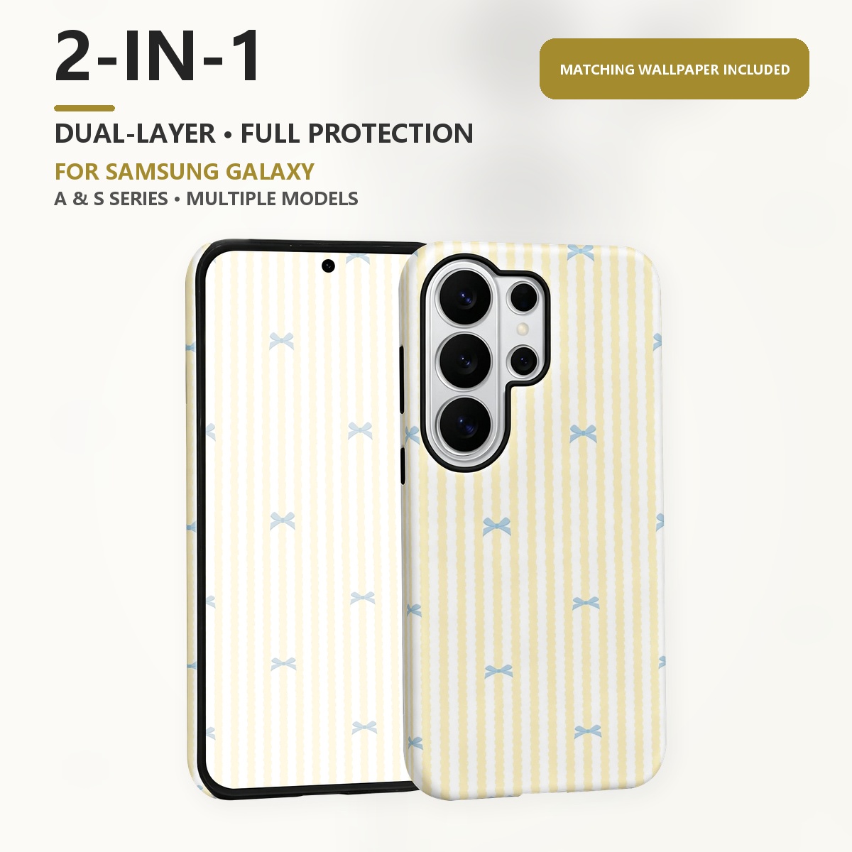 Samsung Galaxy S24 - ブルーリボンと黄色のストライプがデザインされた、2層構造の2-in-1スマートフォンケース。対応機種：Samsung Galaxy S26、S25、S24 Plus、Ultra、FE、S20 FE、A56、A17、A16、A15。