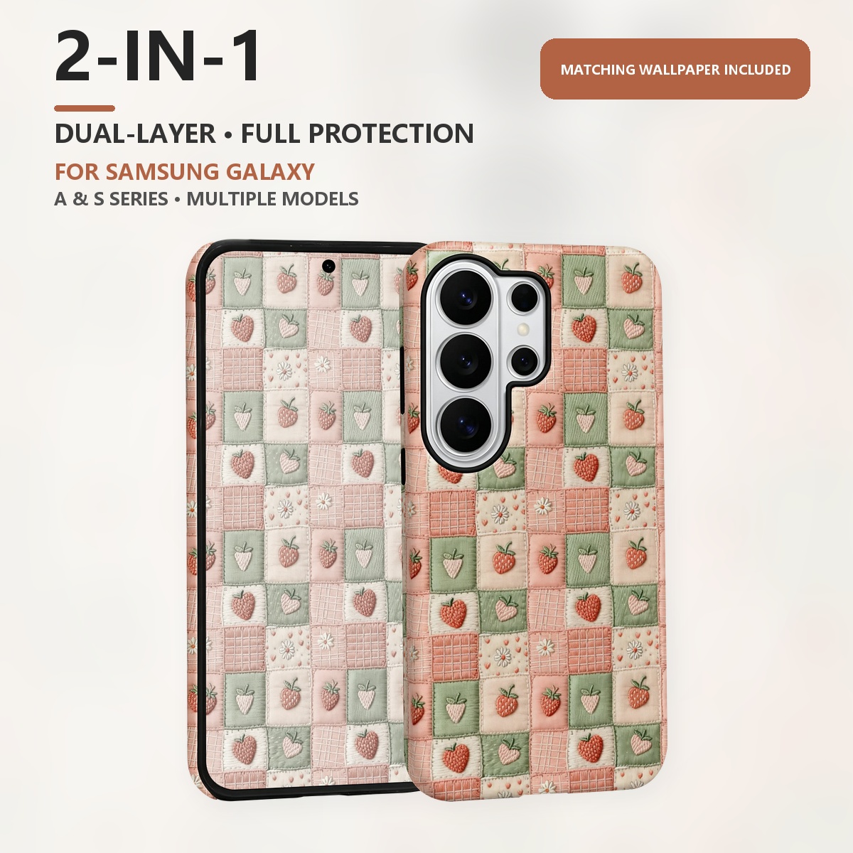 Samsung Galaxy S24 - 刺繍入りいちご柄のパッチワークデザイン、2層構造の2-in-1スマートフォンケース。対応機種：Samsung Galaxy S26、S25、S24、A56、A17、A16、A15。